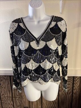 Black and White Sequin V-Neck Scallop Sweater